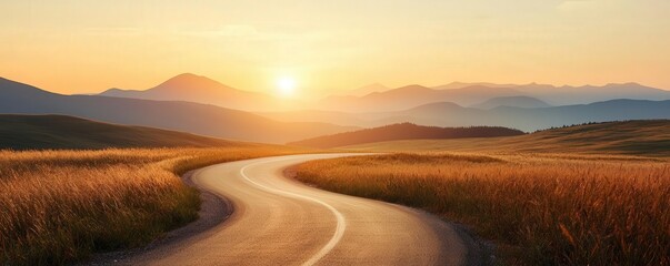 Wall Mural - bright sunrise illuminating a winding road, symbolizing the start of a new path
