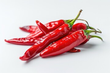 A group of vibrant red hot peppers sit atop a clean white surface