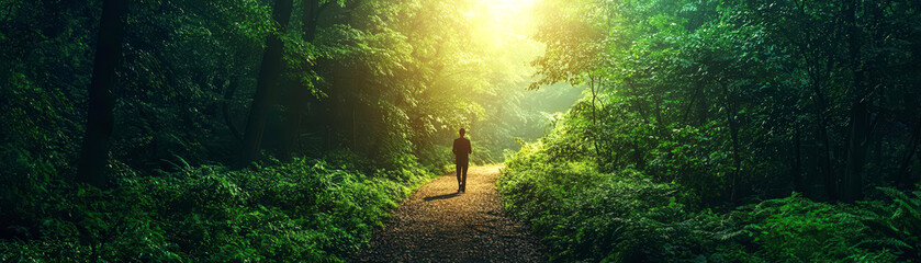 person walking down a path in a lush forest, beginning a new journey