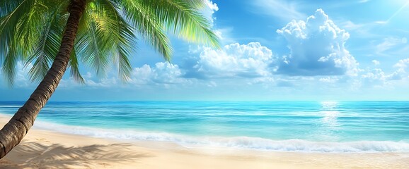 Wall Mural - Palm tree on a tropical beach with blue ocean and cloudy sky.