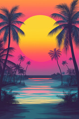 beach with palm trees by the ocean at sunset, yellow, red, pink and purple colors, generative AI