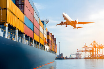 Cargo Ship Loading Containers at Export-Import Dock with Airplane Flying Overhead | Global Trade and Multimodal Transport