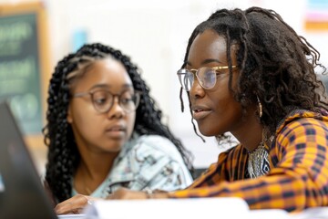 Two women sitting at a table with a laptop, working together