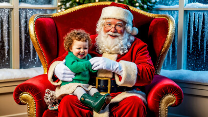 Cheerful Child Meets Santa Claus in a Cozy Holiday Setting With Festive Decorations and Snow Outside