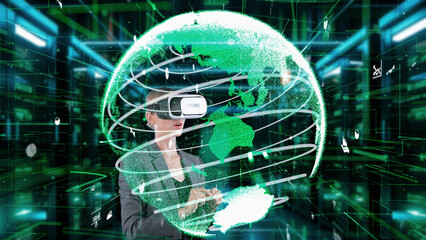 Wall Mural - Woman selecting data dynamic market rotating green world distributing analysis by VR future global innovation interface digital infographic network technology virtual hologram animation. Contraption.