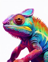 chameleon lizard in rainbow colours on white background 