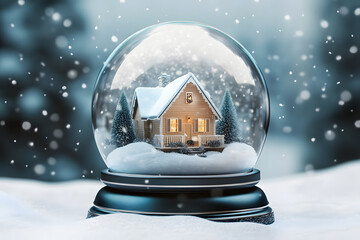 Wall Mural - Merry christmas snow globe with a house on snowfall winter background.