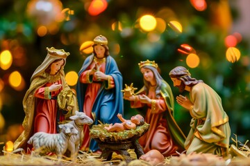 Nativity Scene Featuring Mary, Joseph, and Three Wise Figures During Christmas Celebration