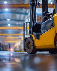 Forklift in warehouse. Forklift driver preparing products for shipment, delivery, checking stock in warehouse.