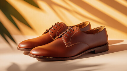 Simple, stylish leather shoes with laces, photographed against a bright backdrop.