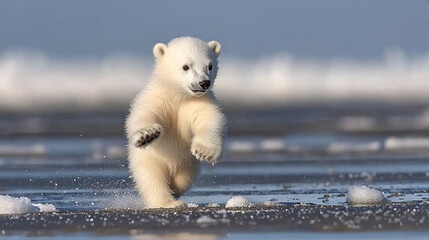 Poster -   A small white polar bear runs across the water, paws raised high