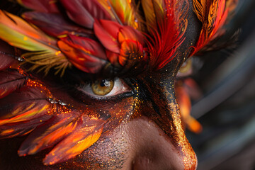 Wall Mural - Close up of woman's eye with Halloween phoenix bird costume makeup with feathers