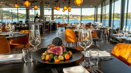   A plate of food sits atop a table, accompanied by wine glasses and another plate of food nearby