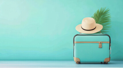 Stylish travel suitcase with a tropical hat and palm leaf against a vibrant turquoise background. Perfect for vacation vibes.