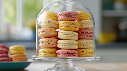 Poster -   A glass cloche with colorful macaroons under a dome on a table next to a bowl of them