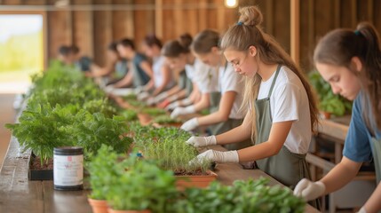 Group of people working together in a plant nursery greenhouse. Teamwork and horticulture environment.