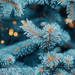 Dense blue pine branches forming a natural pattern. Lush foliage seamless background with organic texture.