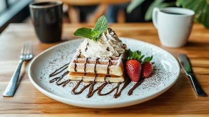 Sticker -   A white plate with waffles smothered in chocolate syrup and adorned with strawberries, alongside a steaming cup of coffee