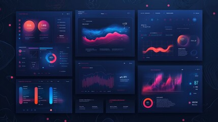 modern user interface dashboard templates examples with dark theme and neon elements. data visualiza