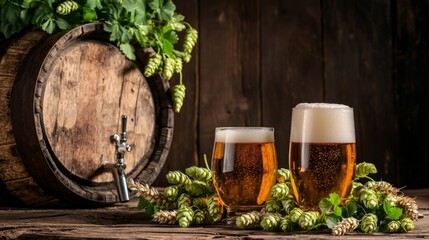 Wall Mural - Oktoberfest beer barrel and beer glasses with wheat and hops on wooden table