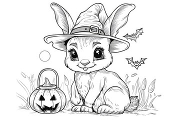 Coloring book illustration of a cute rabbit wearing a Halloween hat with a pumpkin lantern