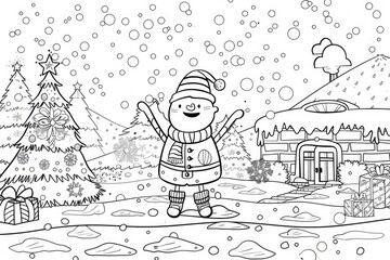 Wall Mural - Coloring book illustration of a cheerful figure in a festive setting