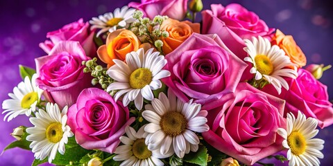 Sticker - Close-up Bouquet of Pink Roses and Daisies on a Purple Background, floral, bouquet, flowers