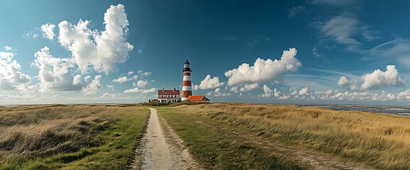 A red and white striped lighthouse stands tall on a grassy hill with a path leading to it. The sky is a bright blue with white fluffy clouds.