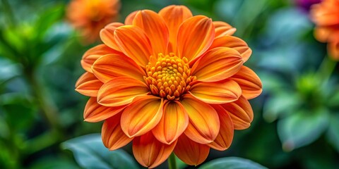 Sticker - Close-Up View of a Vibrant Orange Dahlia Flower, Composition Single Flower, Image Sharp focus on petals and blurred background, Concept Nature's beauty and delicate details