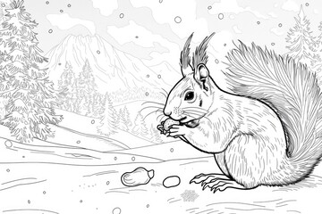 Coloring book illustration of a cute squirrel enjoying a nut in a winter landscape with a beautiful forest backdrop