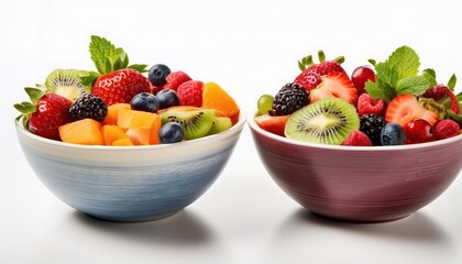 fruit salad in a bowl, salad, Side view of two fruit salad bowls with mixed berries and fruits isolated on white background