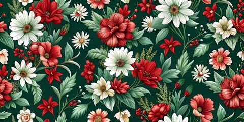 Wall Mural - Crimson and Ivory Floral Seamless Pattern, Digital Illustration, Green Background, Flowers, Foliage, Red, White