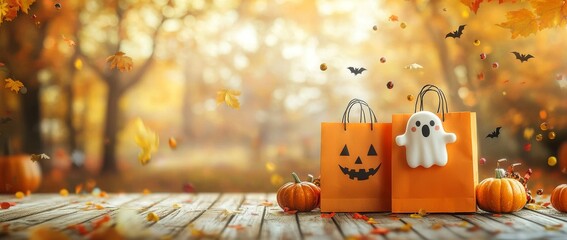 Wall Mural - Featuring playful ghost and pumpkin character designs, these Halloween candy bags are perfect for festive trick-or-treating