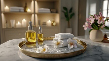 Wall Mural -   A luxurious bathroom featuring a marble countertop and a golden tray adorned with towels and an oil bottle