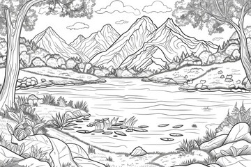 Wall Mural - Coloring book illustration of a fantastic autumn landscape with a tranquil lake and majestic mountain peaks