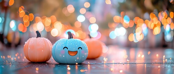 Adorable pastel colored pumpkin costumes twirling in a whimsical winter wonderland setting at a magical Kawaii Halloween Parade