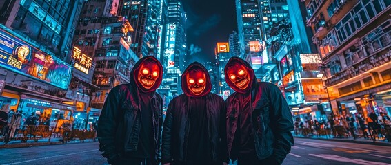 a group of cyberpunk hackers trick-or-treating in a dystopian futuristic city at night dressed in da