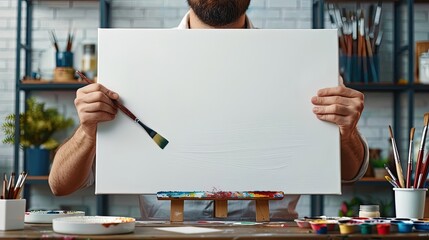 Artist staring at a blank canvas in a dimly lit studio, paintbrush resting on the table, medium shot, feeling of creative block, muted colors, late night,