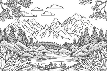 Wall Mural - Coloring book illustration of a beautiful mountain landscape with peaks and trees