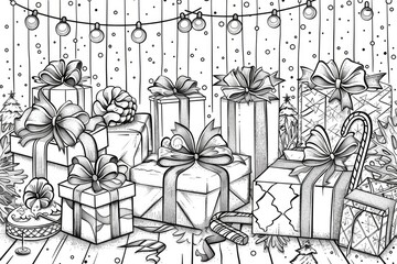 Coloring book illustration of a festive holiday composition featuring gift boxes wrapped presents with ribbons lights and candy canes on a rustic background Embrace winter and the spirit of celebra