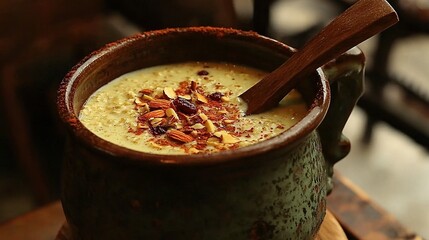 Poster -   A close-up of a bowl of food with a spoon in it, and a wooden spoon protruding from the side