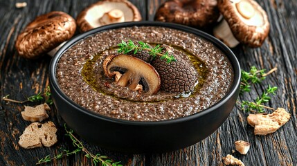 Canvas Print -   A close-up image of a wooden table with a bowl full of mushrooms and complementary dishes on the side