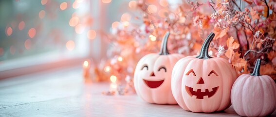 Wall Mural - This cute and kawaii Halloween Photography Concept offers pastel colored pumpkins, smiling ghosts, and a cozy autumn vibe with a copy space for your text.