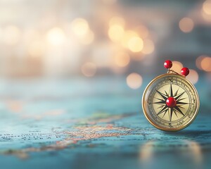Wall Mural - a compass adorned with red pins set on a partially visible, softly blurred blue world map.