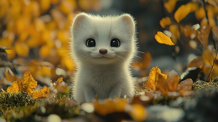 Canvas Print -   A small white kitten sits in a forest surrounded by yellow leaves, gazing into the camera