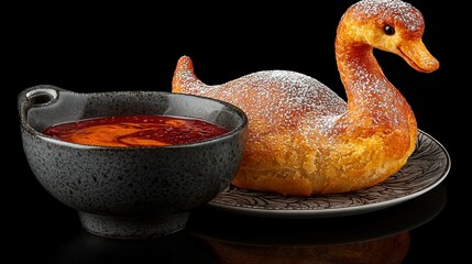 Poster -   Close-up photo of a food plate with a doughnut and sauce bowl on black background