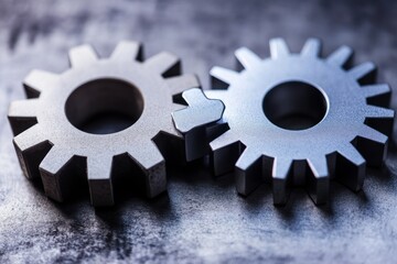 Two Interlocking Metallic Gears on a Gray Surface