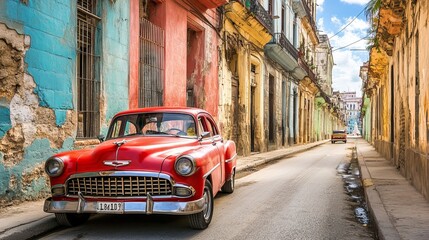 Naklejka na meble Classic red retro car driving through the historic streets of old Havana, Cuba’s timeless capital