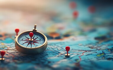 a detailed compass with red pins on a map, with a background of abstract blue and blurred world maps