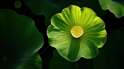 Wall Mural -  A large green leaf with a yellow center at its core, encircled by numerous large green leaves